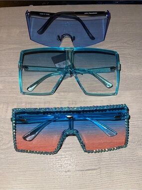 Set of 3 Oversized Shield Sunglasses - Blue & Teal Tones